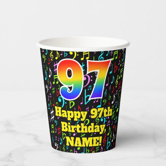Gobelets En Papier 97e anniversaire : Fun Music Notes Motif, Rainbow  (Verso)