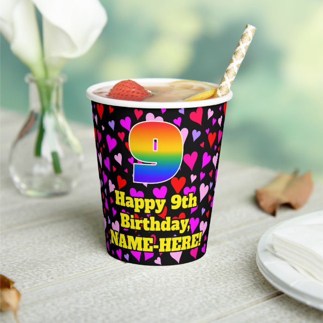 Gobelets En Papier 9e Birthday: Patters de Loving Hearts, Rainbow 9 (Insitu)