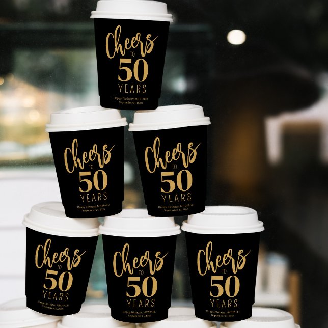 Gobelets En Papier À 50 ans, santé avec de l'or et du noir (Créateur téléchargé)