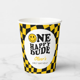 Gobelets En Papier à damiers Jaune Sourire Un Joyeux Mec 1er annivers