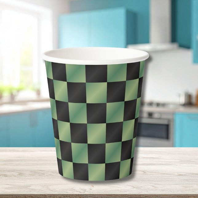 Gobelets En Papier À damiers moderne vert olive noir dégradé (Créateur téléchargé)