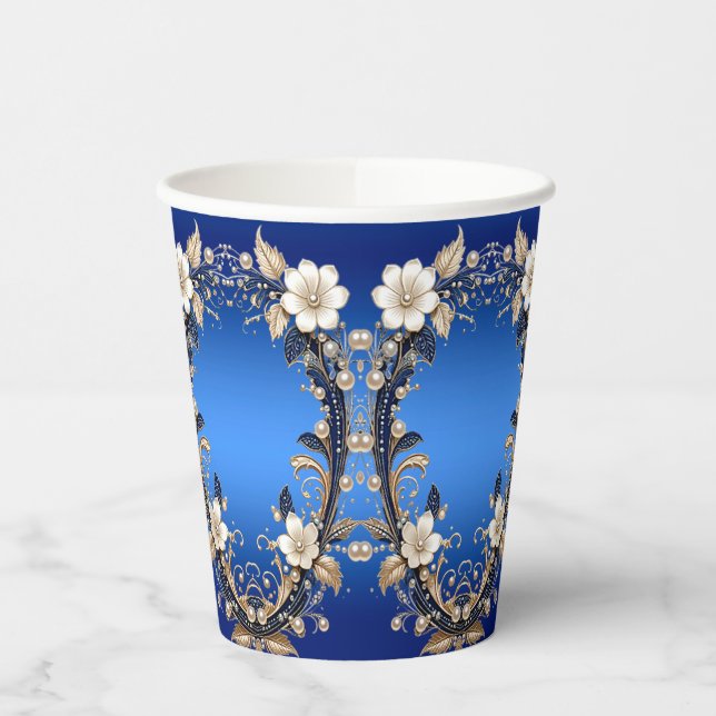 Gobelets en papier à embellissement floral bleu bl (Gauche)