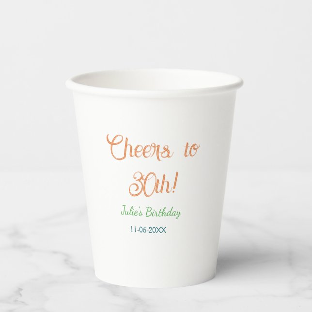 Gobelets En Papier À la 30e anniversaire nom date orange vert bleu (Recto)