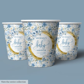 Gobelets En Papier Adorable bleu poussiéreux aquarelle fleurs or garç