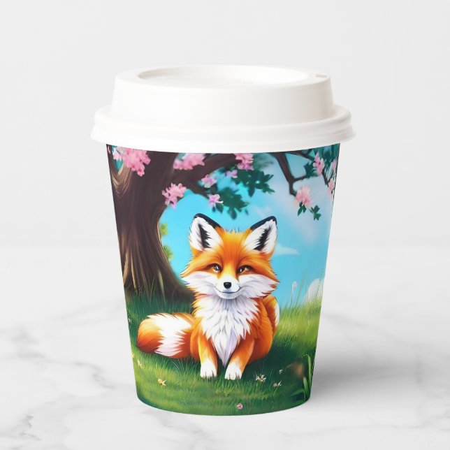 Gobelets En Papier Adorable Renard assis sous l'arbre (Recto)