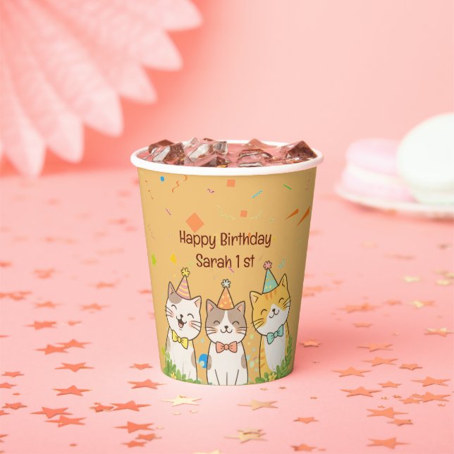 Gobelets En Papier Adorable Trio of Birthday Cats | Custom Name & Age (Insitu)