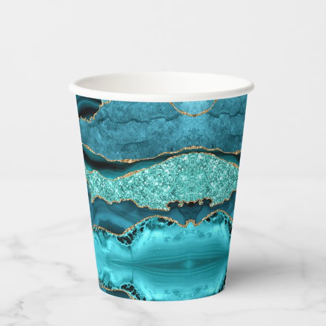 Gobelets En Papier Agate Turquoise Blue Gold Parties scintillant Marb (Recto)
