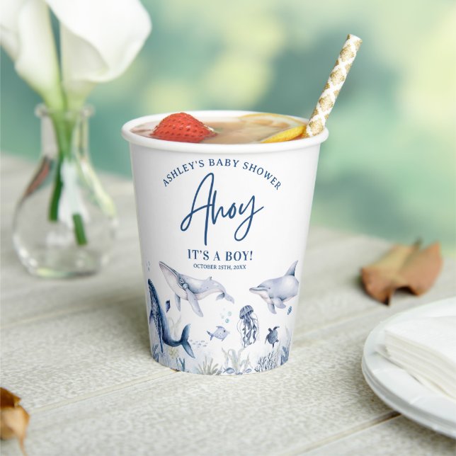 Gobelets En Papier Ahoy ! C’est un garçon, sous le Baby shower Sea Bo (Insitu)