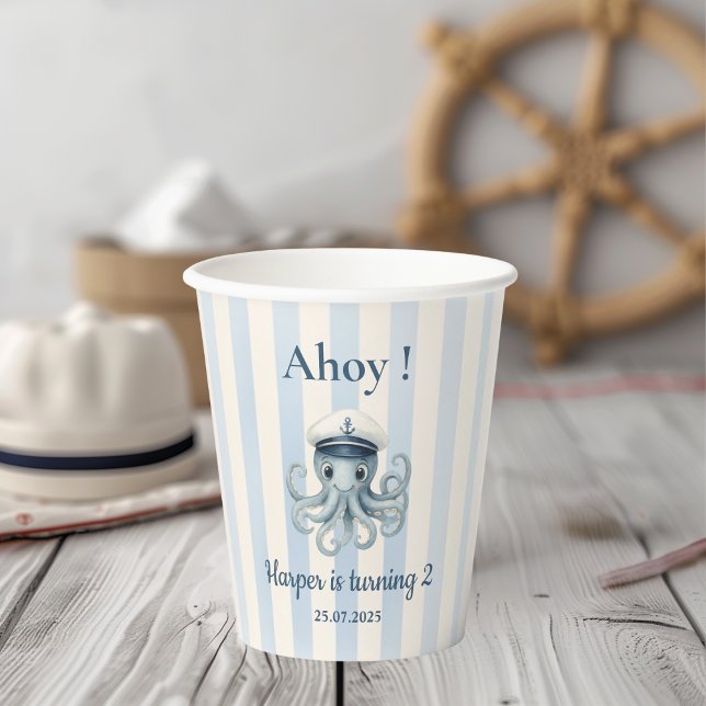 Gobelets En Papier Ahoy Nautical Octopus Birthday | Bleu (Créateur téléchargé)