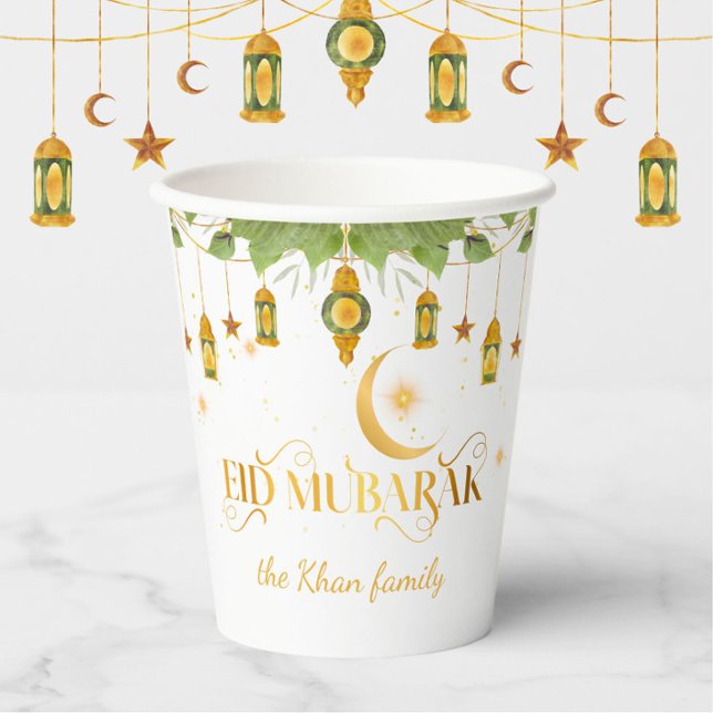 Gobelets En Papier "Aïd Moubarak" Personnalisé Élégant Or Blanc Moder (Elegant, modern "Eid Mubarak" white + gold paper cups for your Eid party! Personalize with name/date)