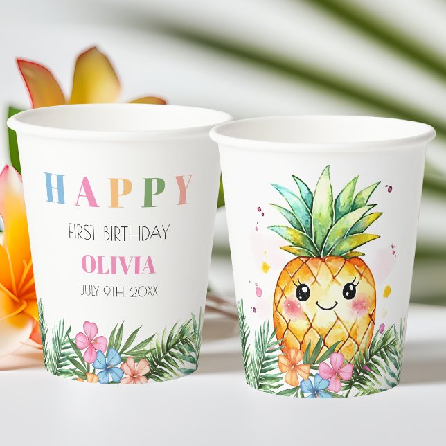 Gobelets En Papier Aiguilles à ananas tropicales d'été Joyeux 1er ann (Tropical Summer Pineapple Kids Happy 1st Birthday Paper Cups)