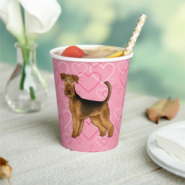 Gobelets En Papier Airedale Terrier Chien Aimer Avec Motif Coeur Rose (Insitu)
