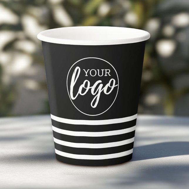 Gobelets En Papier Ajouter votre logo avec motif rayé - noir blanc (Custom Paper Cups for Business)
