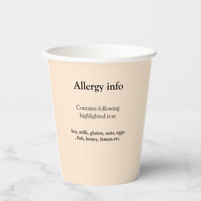 Gobelets En Papier Alerte d'allergie alimentaire ajouter le nom du te (Recto)