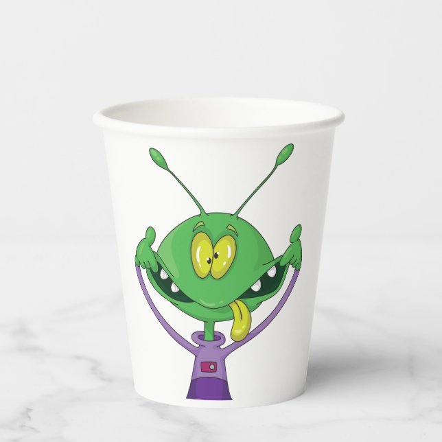 Gobelets En Papier Alien vert drôle faisant une grimace ridicule (Recto)