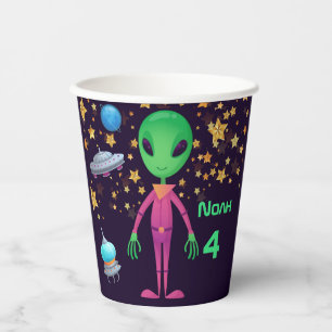Gobelets En Papier Alien vert OVNI Ajouter un nom Age Anniversaire fê