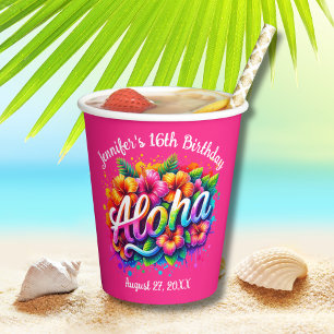 Gobelets En Papier Aloha Tropical Hawaiian Anniversaire Luau rose