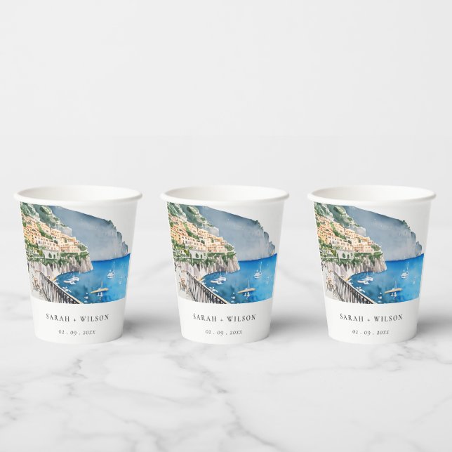 Gobelets En Papier Amalfi Coast Italie Aquarelle Mariage Paysage (Multi)