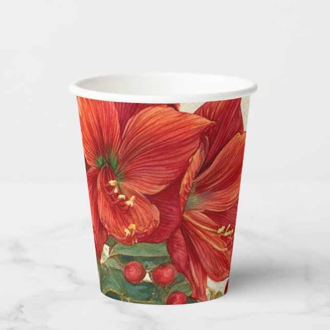 Gobelets En Papier Amaryllis Rouge Rustique Noël (Recto)