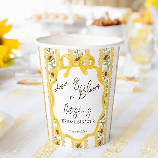 Gobelets En Papier Amour en fleurs tournesols douche de mariée monogr (Love in bloom sunflowers bridal shower monogrammed paper cups yellow retro stripes personalized cups)