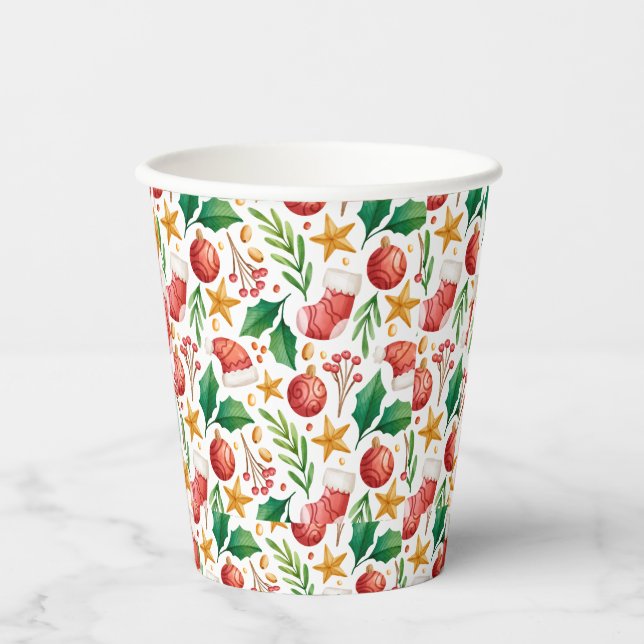 Gobelets En Papier Ampoules rouges de Noël, pièces de poinsettia et n (Recto)