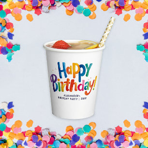 Gobelets En Papier Amusant Mignon Coloré Joyeux Anniversaire Brosse P
