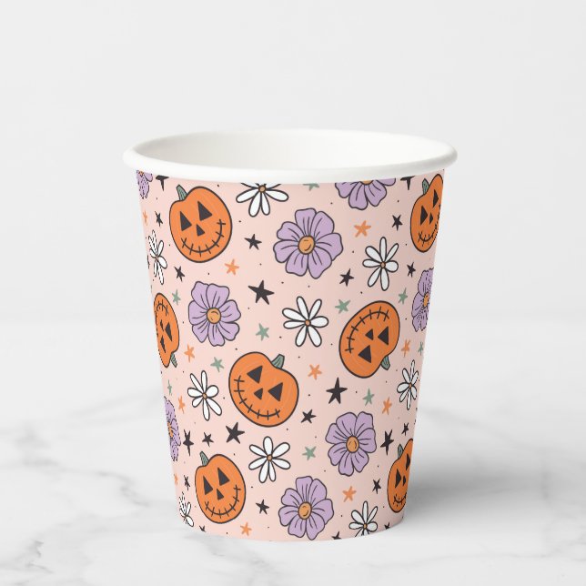 Gobelets En Papier Amusants Citrouilles d'Halloween et Fleurs Motif (Recto)