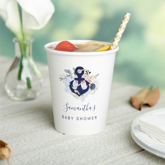 Gobelets En Papier Ancre Blue Beach Baby shower floral nautique (Insitu)