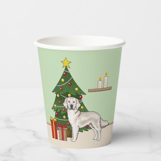 Gobelets En Papier Anglais Crème Golden Retriever avec sapin de Noël (Recto)