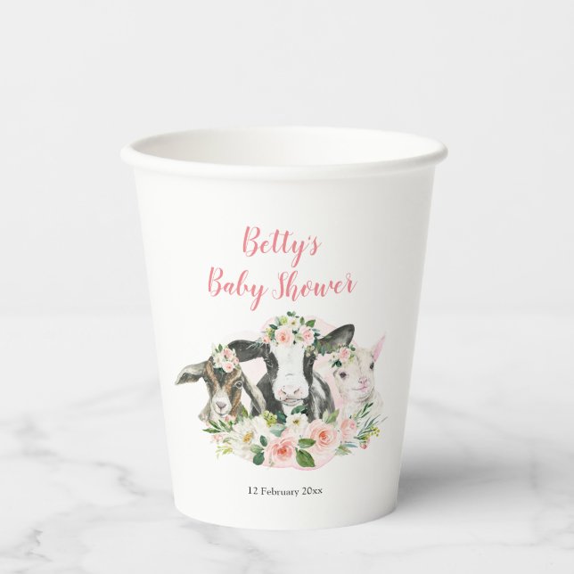 Gobelets En Papier Animaux de ferme Floral Girl Baby shower tasses de (Recto)