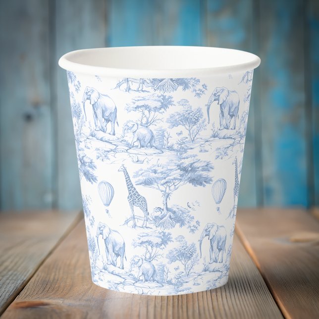 Gobelets En Papier Animaux de Safari Toile de Jouy Bleue Baby shower (Créateur téléchargé)
