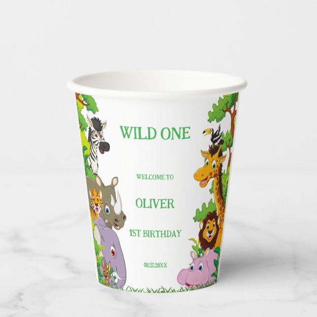 Gobelets En Papier Animaux Wild One Jungle safari de verdure pour les (Recto)