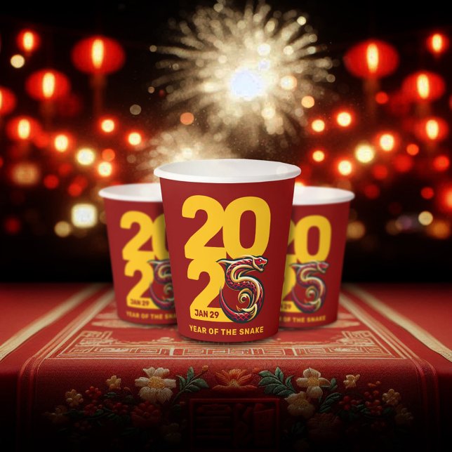 Gobelets En Papier Année rouge or du serpent 2025 (CNY 2025 Paper Cups Fireworks Lanterns Cover Photo)