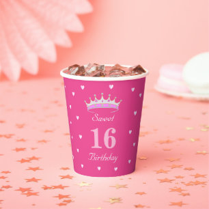 Gobelets En Papier Anniversaire 16 ans sur fond rose