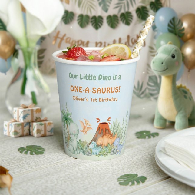 Gobelets En Papier Anniversaire 1 an de Dinosaur One-A-Saurus (One-A-Saurus Dinosaur 1st Birthday Paper Cup)