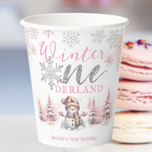 Gobelets En Papier Anniversaire 1 an Winter Onederland Rose Pailleté 