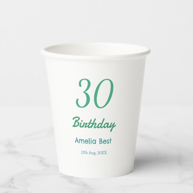 Gobelets En Papier ANNIVERSAIRE 30 ANS NOM DATE GRAS RÉTRO turquoise  (Recto)