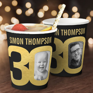 Gobelets En Papier anniversaire 30 ans personnalisé deux photos noir 