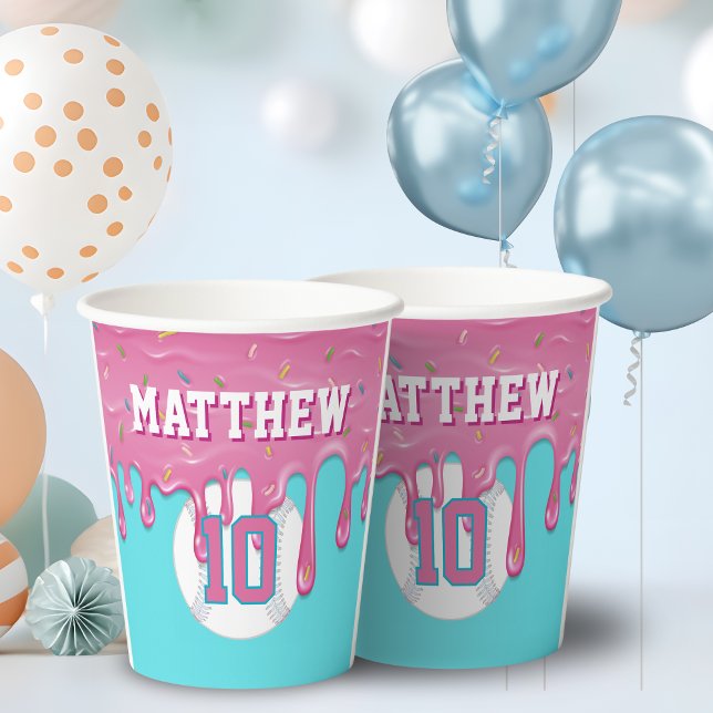Gobelets En Papier Anniversaire avec dégoulinade de baseball rose (Pink baseball drip paper party cups)