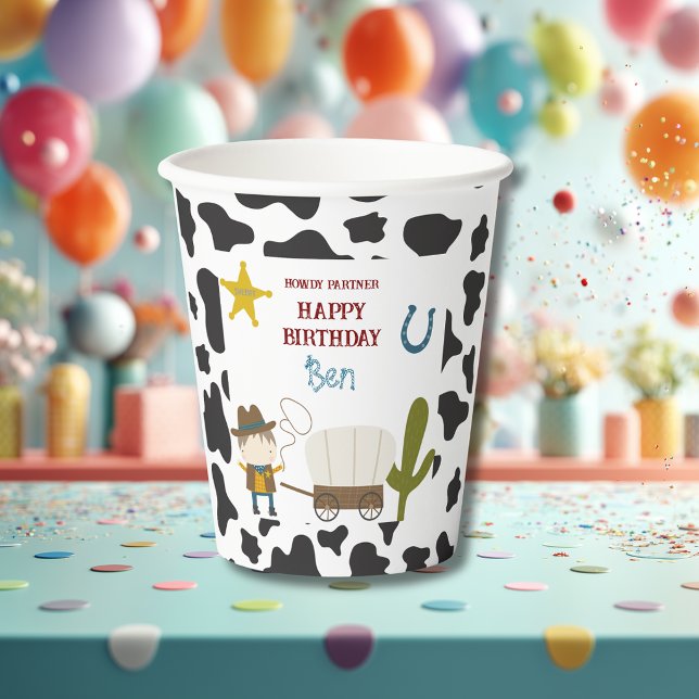 Gobelets En Papier Anniversaire Cowboy avec Impression de Vache Migno (Créateur téléchargé)