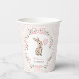 Gobelets En Papier Anniversaire de 1 an de fille au Lapin Rose Vintag