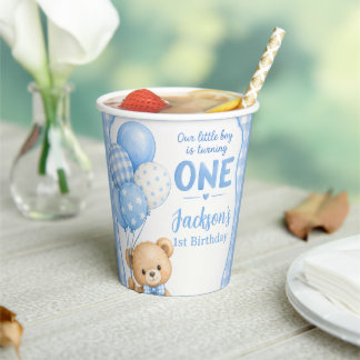 Gobelets En Papier Anniversaire de 1 an Ourson Gingham Bleu Aquarelle