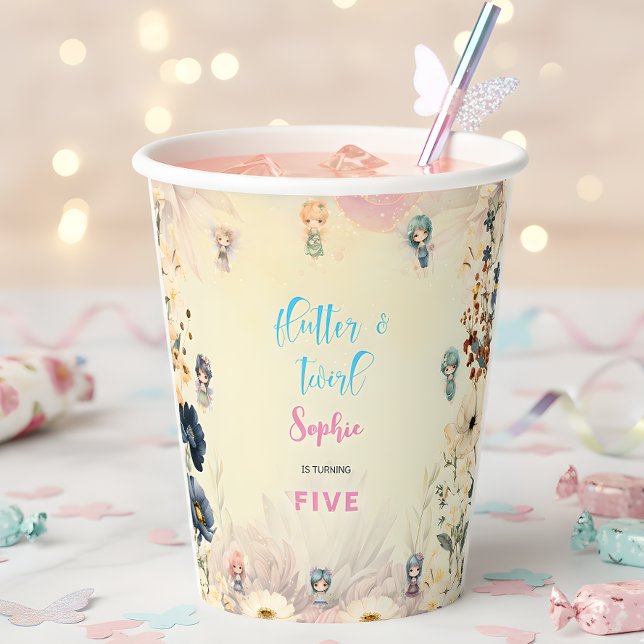 Gobelets En Papier Anniversaire de enfant d'aquarelle de jardin de fé (Créateur téléchargé)