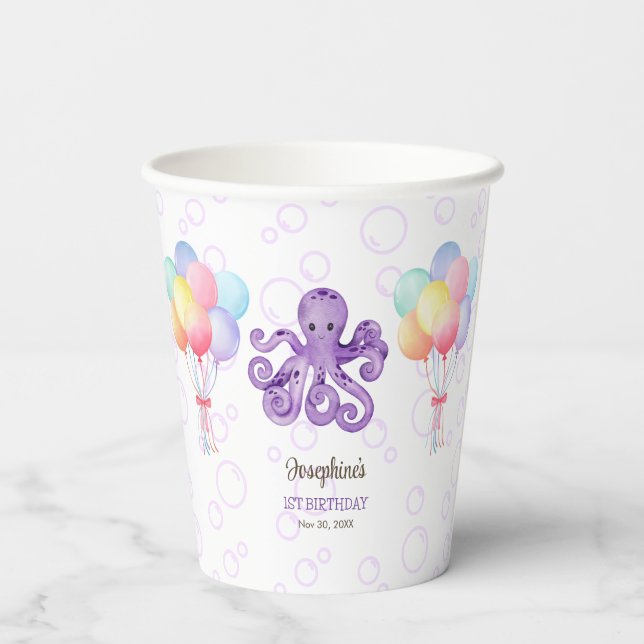 Gobelets En Papier Anniversaire de enfant de bulle violet Octopus (Verso)