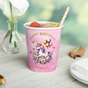 Gobelets En Papier Anniversaire de la licorne rose, pourpre et or