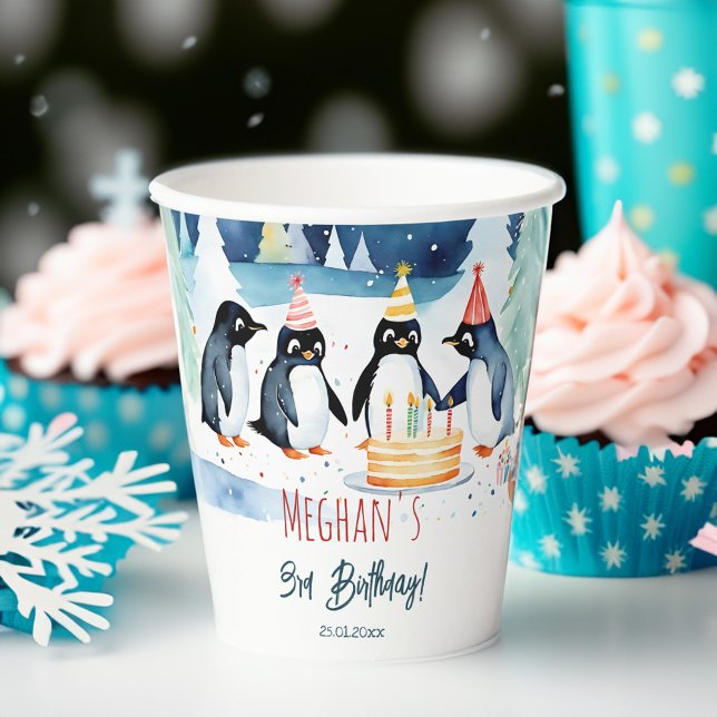 Gobelets En Papier Anniversaire d'hiver de Penguin arctique personnal (Penguin arctic winter birthday personalized paper cups penguin party supplies customized paper cups)