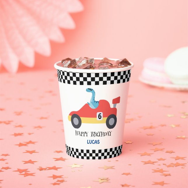 Gobelets En Papier Anniversaire Dinosaur voiture de course rouge nom  (Insitu)