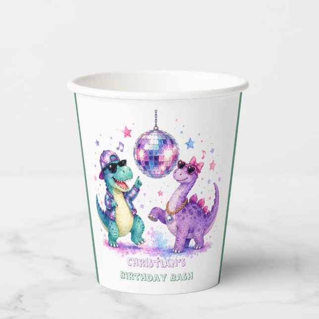 Gobelets En Papier Anniversaire Dinosaure Disco Aquarelle (Recto)