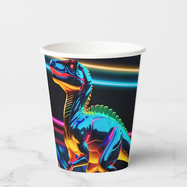 Gobelets En Papier Anniversaire du garçon dinosaure néon (Recto)