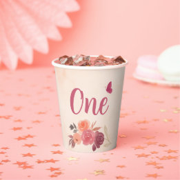 Gobelets En Papier Anniversaire élégant rose aquarelle floral Un an